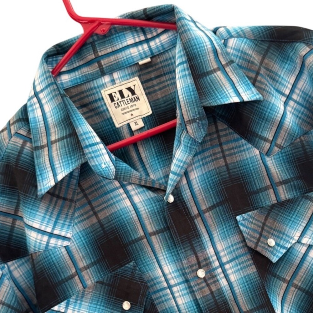Ely Cattleman Mens Short Sleeve Western Pearl Snap Plaid Shirt Blue XL